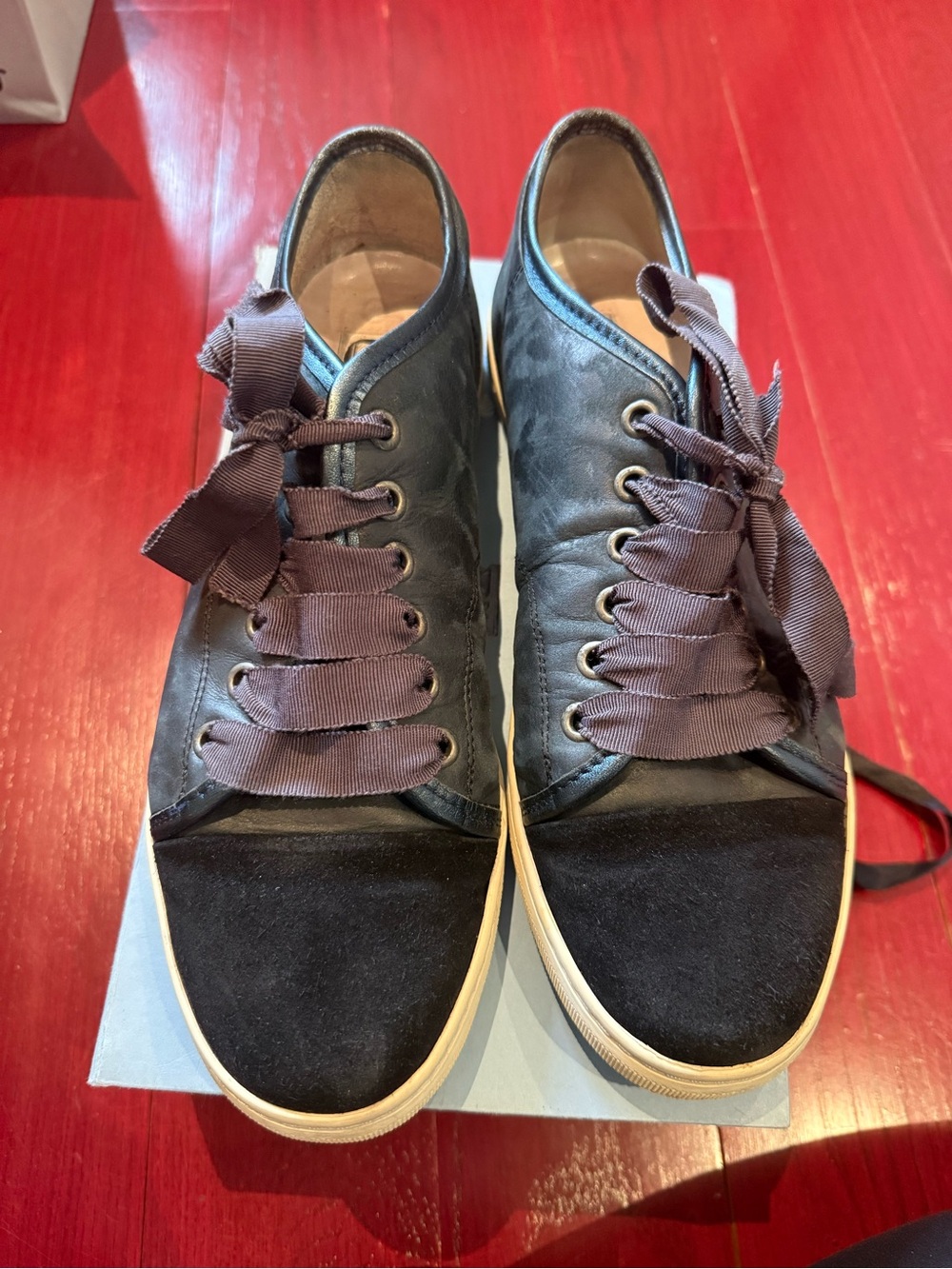 Lanvin Blue-ish Brown Satin Ribbon Lace Sneakers